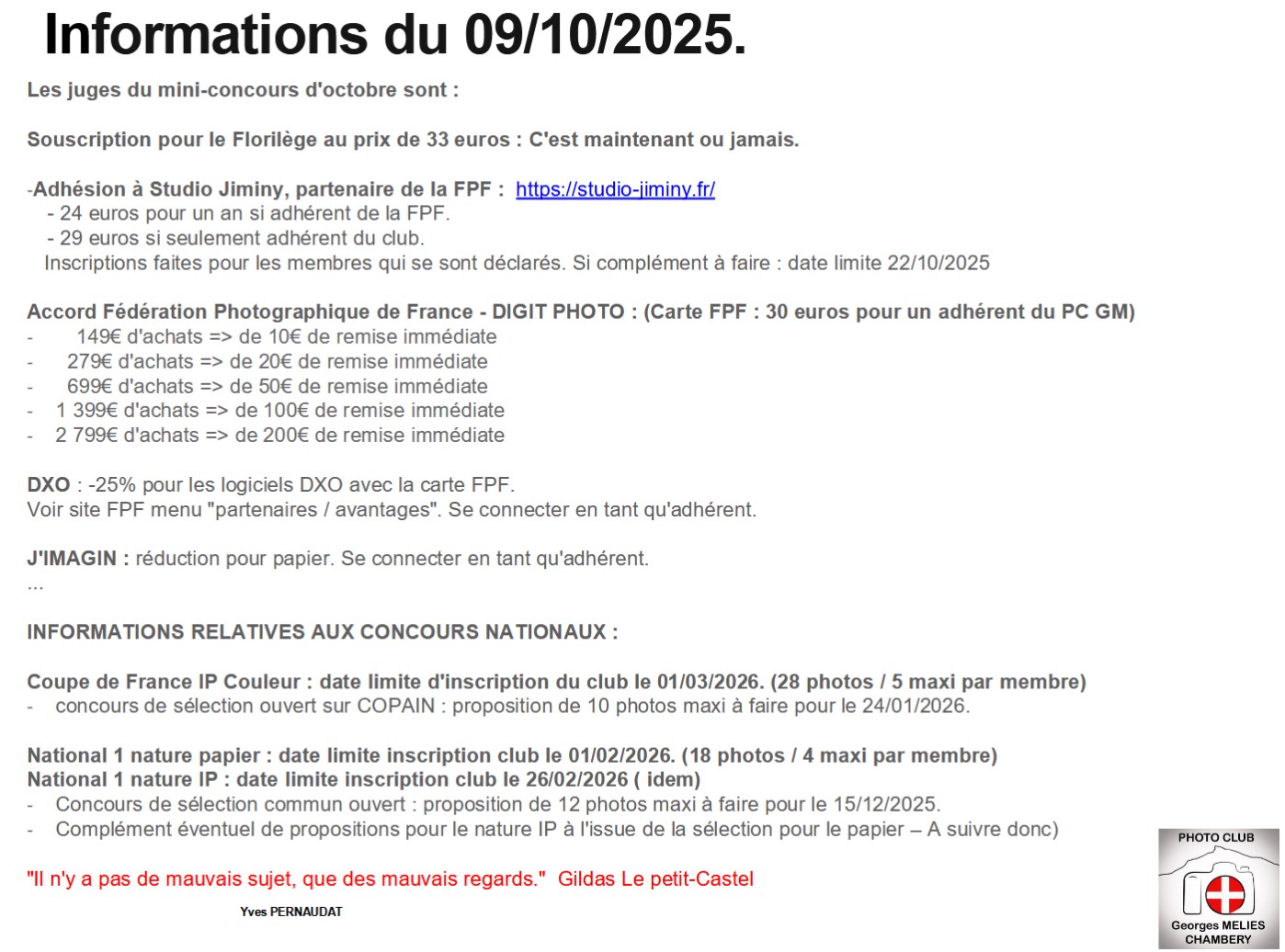infos du club du 09-10-2025
