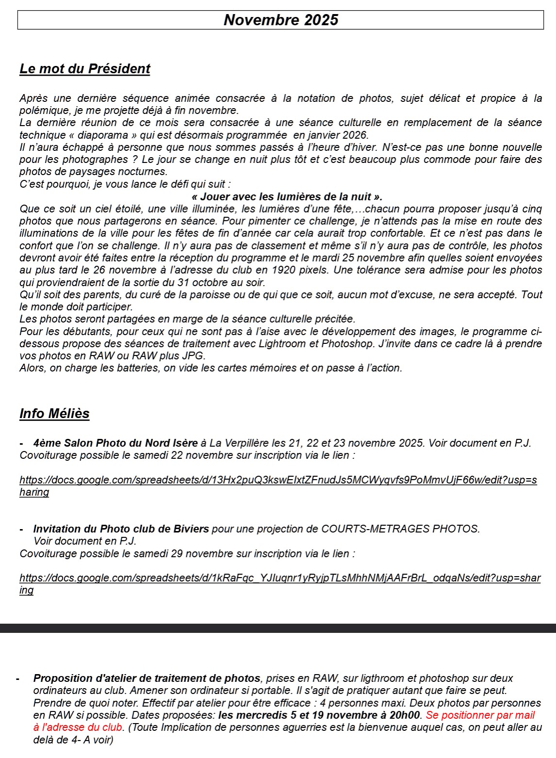 novembre 2025 mot du president et infos