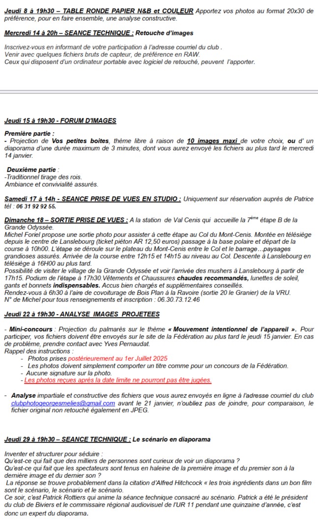 programme janvier 2026