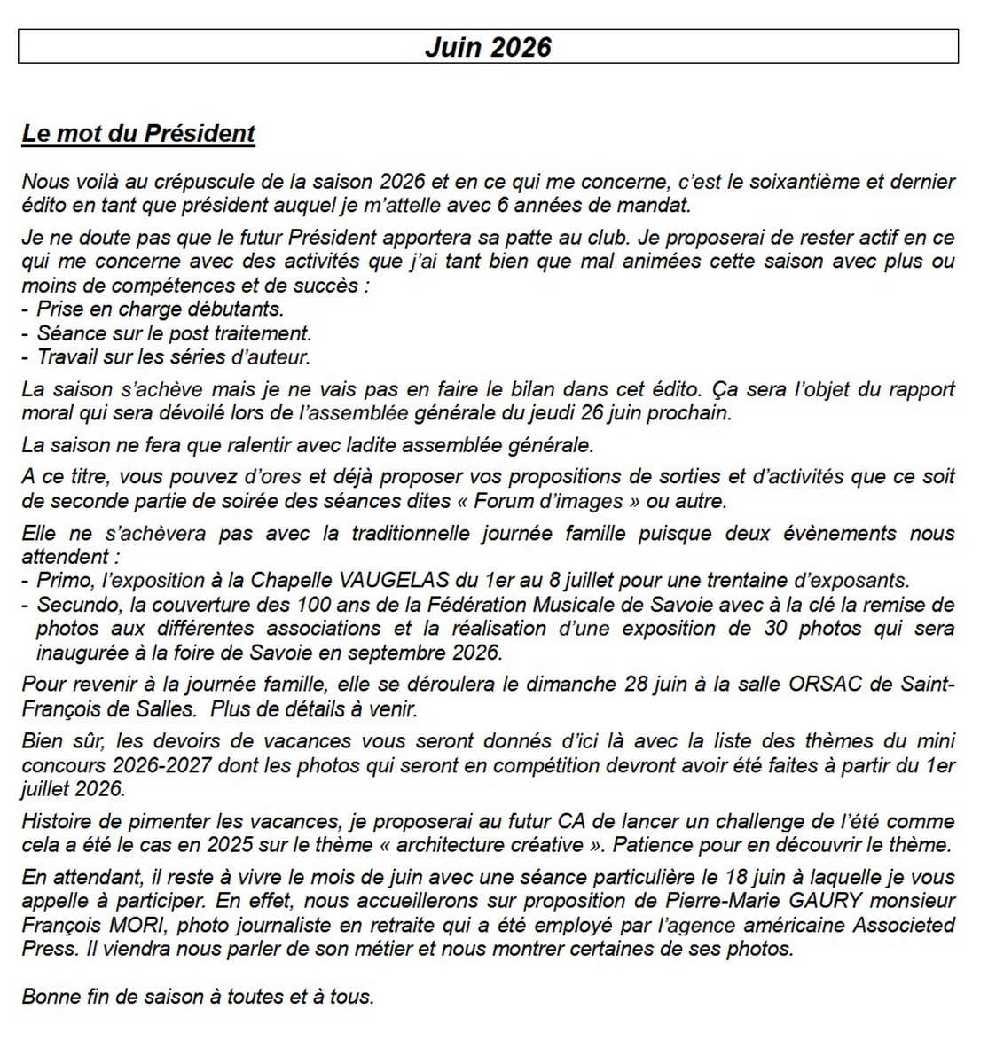 20026-06 actu du club mot du president