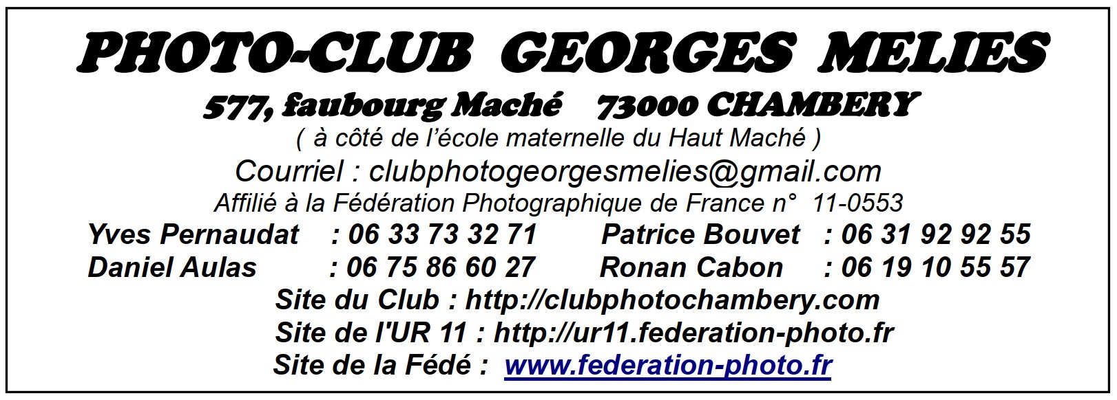 adresse et contact du club photo